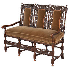 Antique 1920s Carved Bench with New Mohair Upholstery
