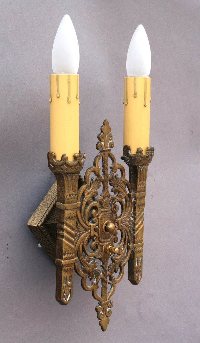 Exceptional Antique Cast Brass Double Sconces at 1stdibs