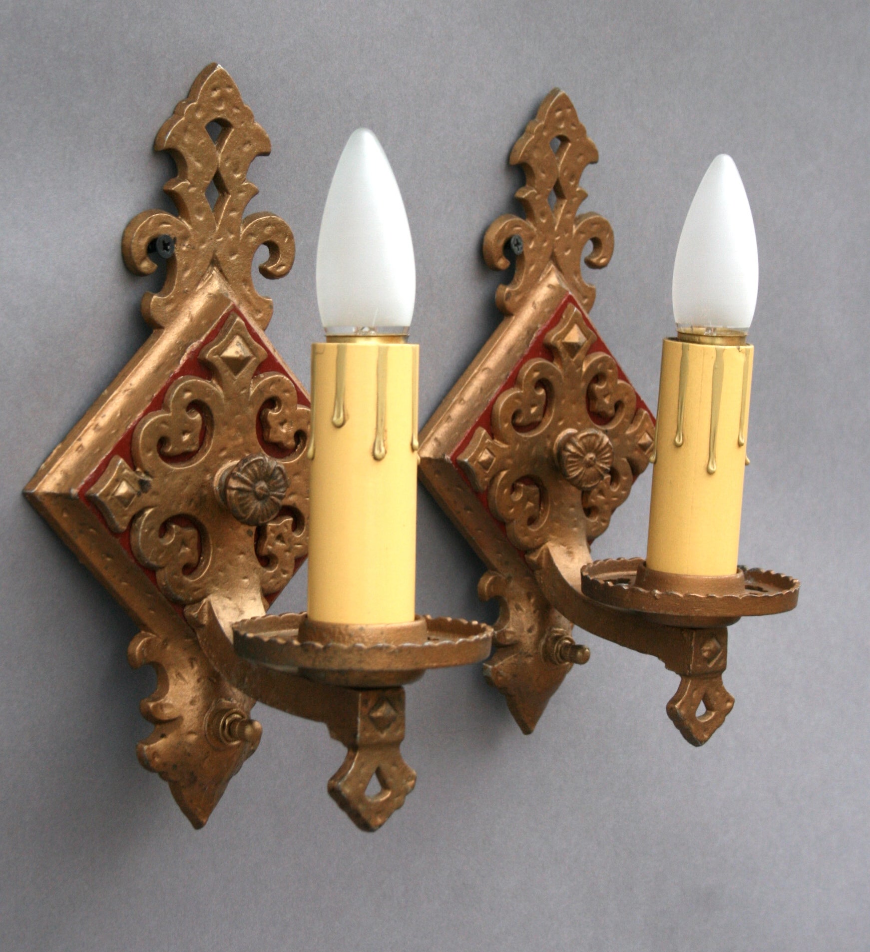 Antique Pair of 1920's Gold and Red Sconces For Sale
