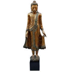 4 Ft High Early 19th Century, Mandalay Style, Carved Wooden Buddha, Thailand