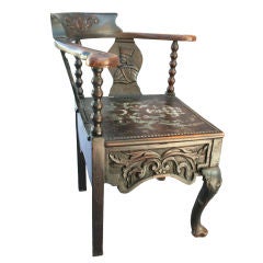 Antique Carved Corner Chair with Tooled Leather Seat