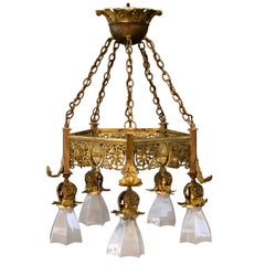 Antique Early 20th Century Brass Chandelier w/Glass Shades
