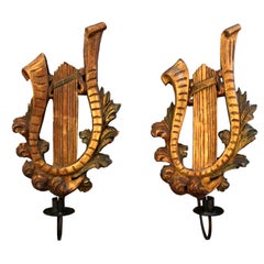 Pair of Carved Italian Lyre Candleholders
