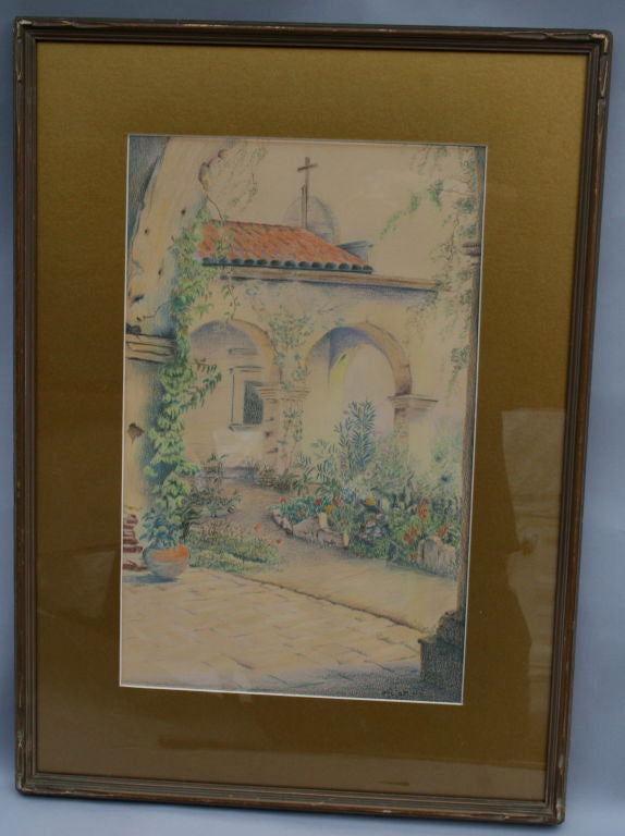 A lovely old California mission courtyard in summer bloom.  There is a written reference of provenance from an early owner.  It reads that is was made around 1935 by Tom Hilor of the Ethyl Corporation.  <br />
<br />
A very charming drawing