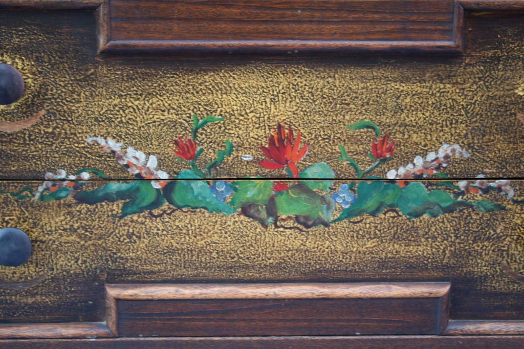 This mahogany piece was custom made for the De Anza Hotel in San Jose in 1931 by Karpen and features a top surface of original California tile by the Tudor Company of Los Angeles and hand-painted details. Measures approx. 46