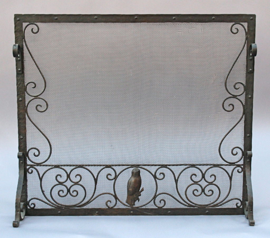 1920's Wrought Iron Fire Screen w/Scrolls and Owl Motif