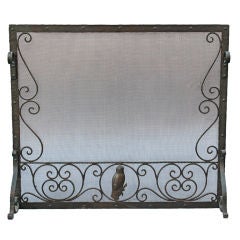 Antique 1920's Wrought Iron Fire Screen w/Scrolls and Owl Motif