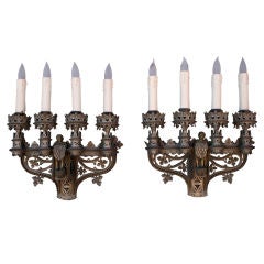 Antique Extraordinary Pair Sconces w/ Gothic Details c. 1920's