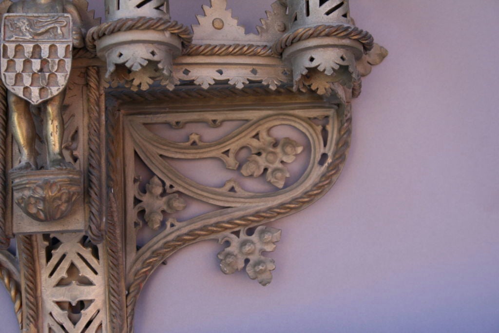 Brass Extraordinary Pair Sconces w/ Gothic Details c. 1920's