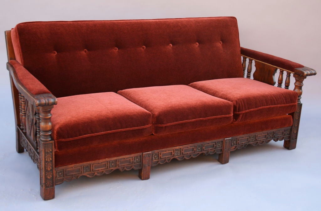 Beautiful classic sofa from 1920's with carved frame and new mohair upholstery.