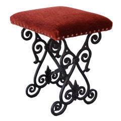 Small Wrought Iron and Velvet Bench