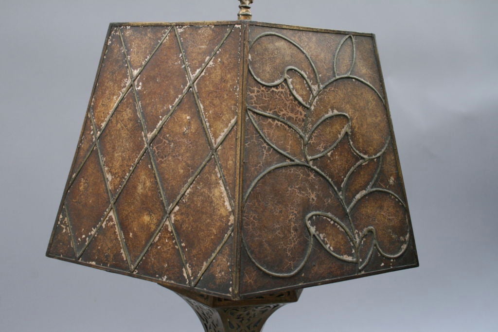 Dramatic 1920's Brass Table Lamp with Mica Shade