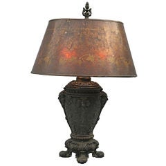 Antique Intricately Cast Bronze Table Lamp with Original Mica Shade