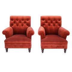 Pair Elegant Tufted Velvet Arm Chairs
