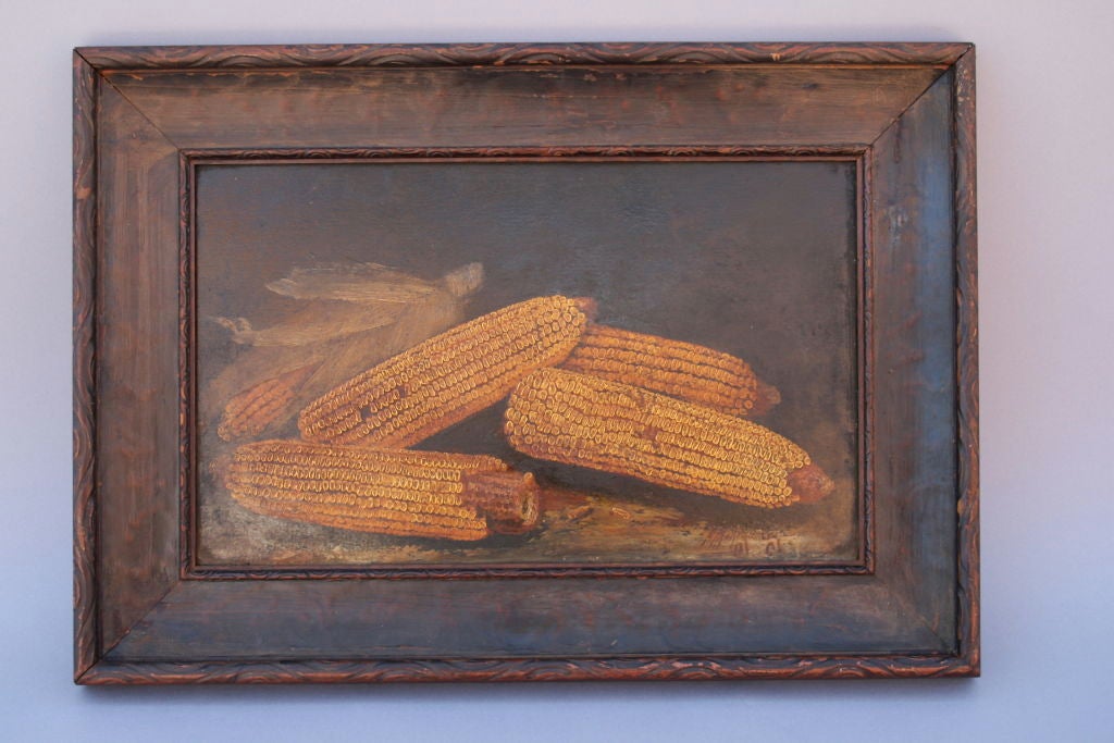 Oil painting with arrangement of scattered ears of corn.  His paintings are cherished by collectors of 