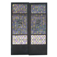 Pair Diamond-Paned Stained Glass Doors w/ Musical Motif