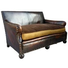 Antique Leather and Velvet Love Seat