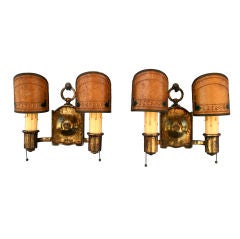 Pair of Brass 1920's Sconces With Original Mica Shades