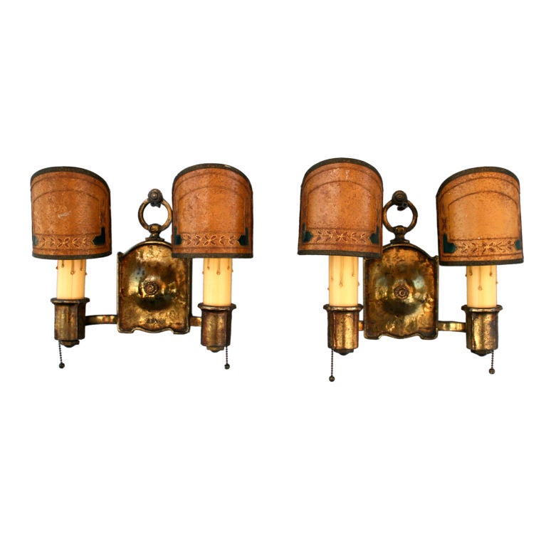 Pair of Brass 1920
s Sconces With Original Mica Shades