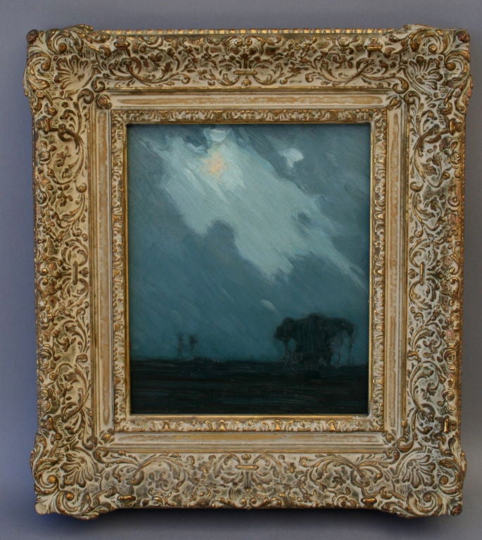 Beautiful impressionistic rendering of the moon lighting up a stormy evening sky