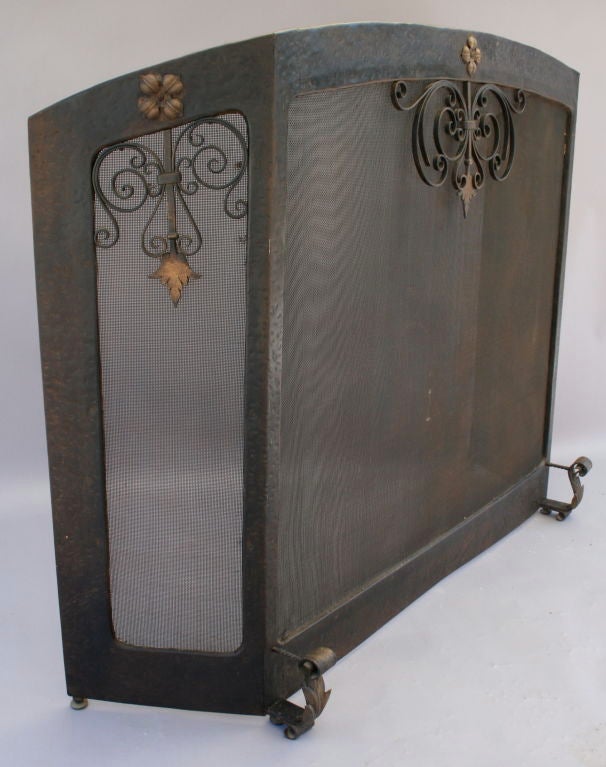 1920's Grand Wrought Iron and Brass Arched Fire Screen