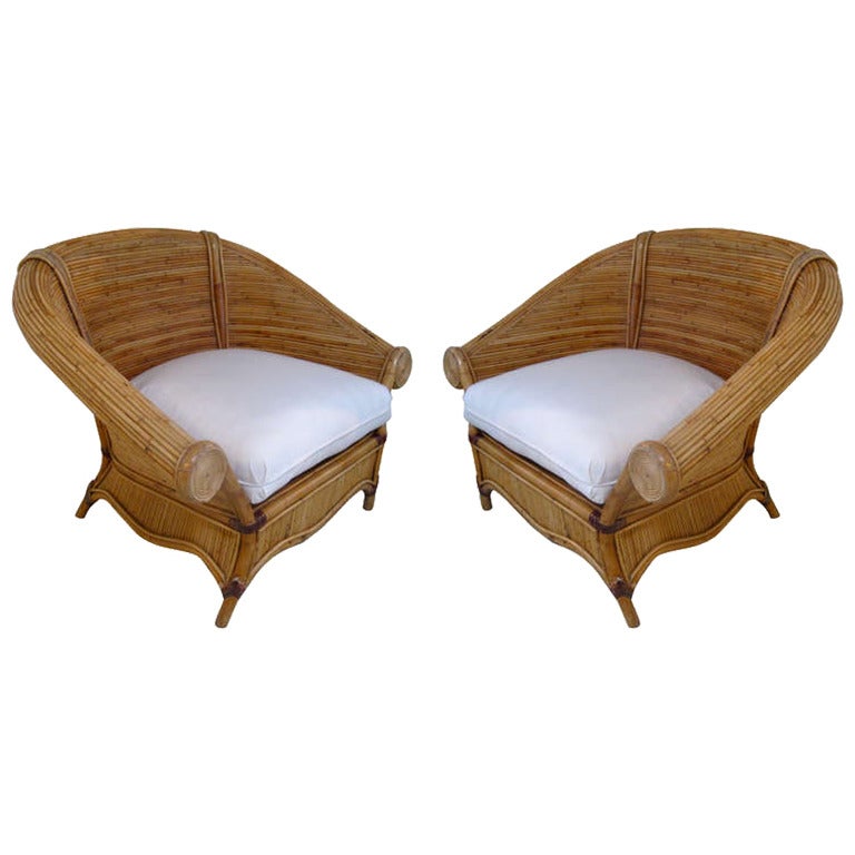 Pair of Reeded Wood and Bamboo Chairs