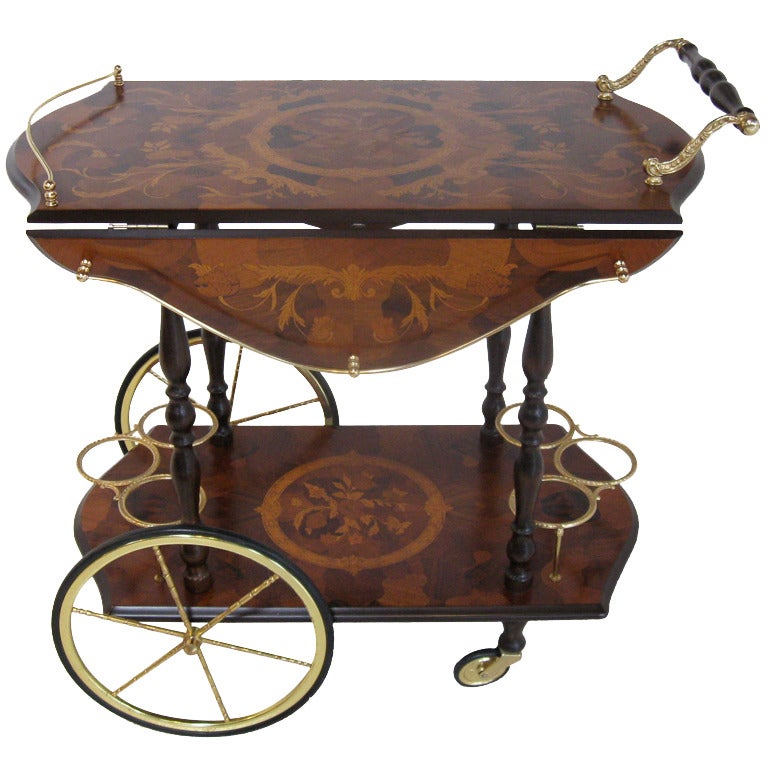 Drop Leaf Bar Cart with Marquetry Design