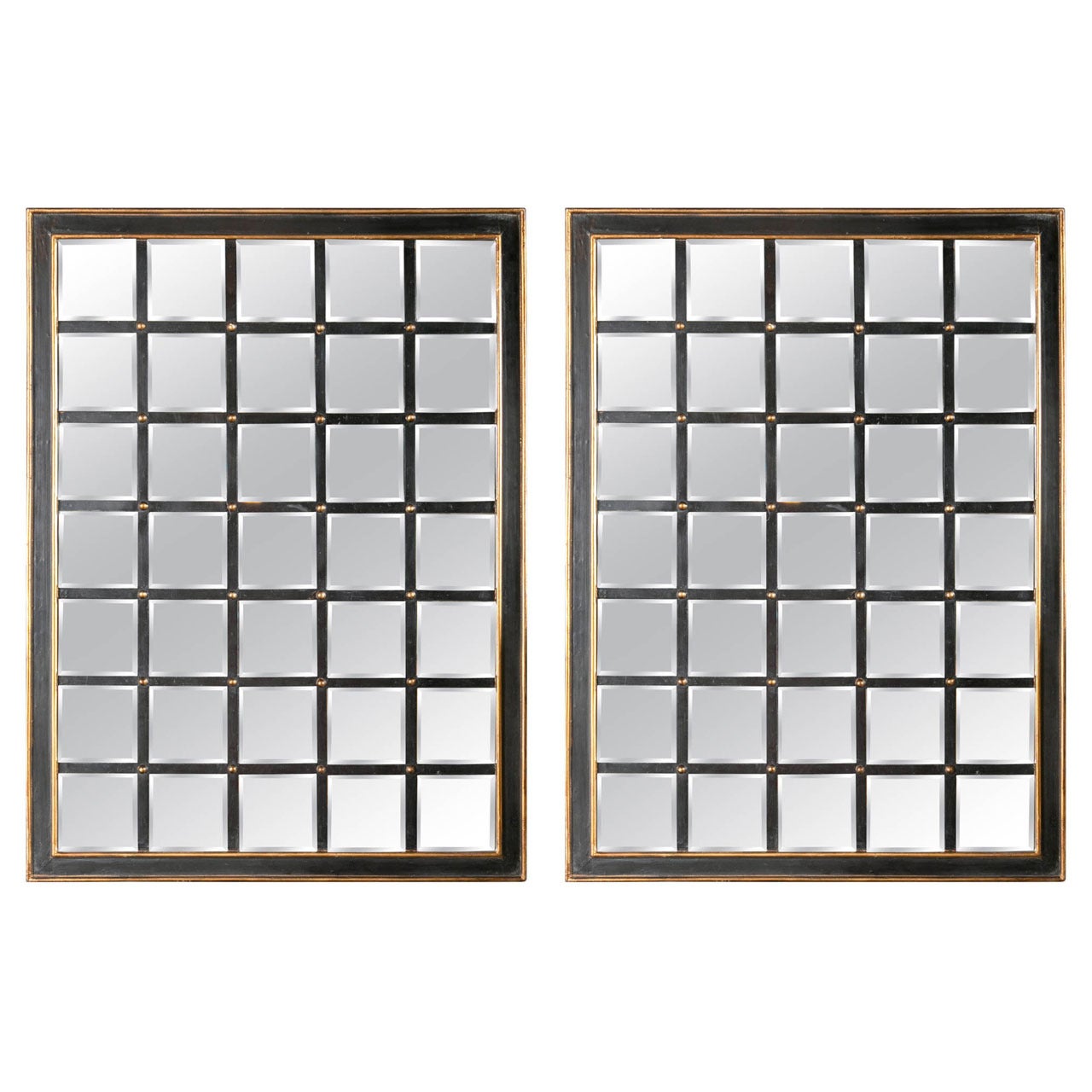 Pair of Modern Black and Gilt Windowpane Mirrors with Beveled Panels