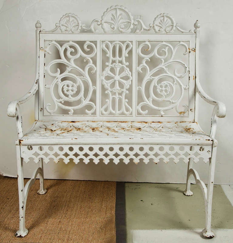 Pair of matching diminutive white wrought iron benches. Stamped on the back: April 22nd 1890, John McLean maker, New York.
Dimensions 36