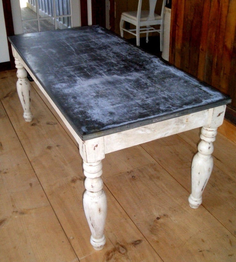 Industrial  Zinc Top Table with Original Factory Zinc Top from the 1940s and Pine Table Base.