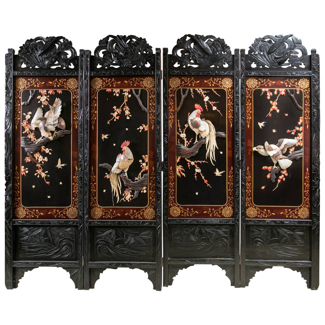 Unusual FourPanel Hardwood Japanese Screen For Sale at 1stdibs