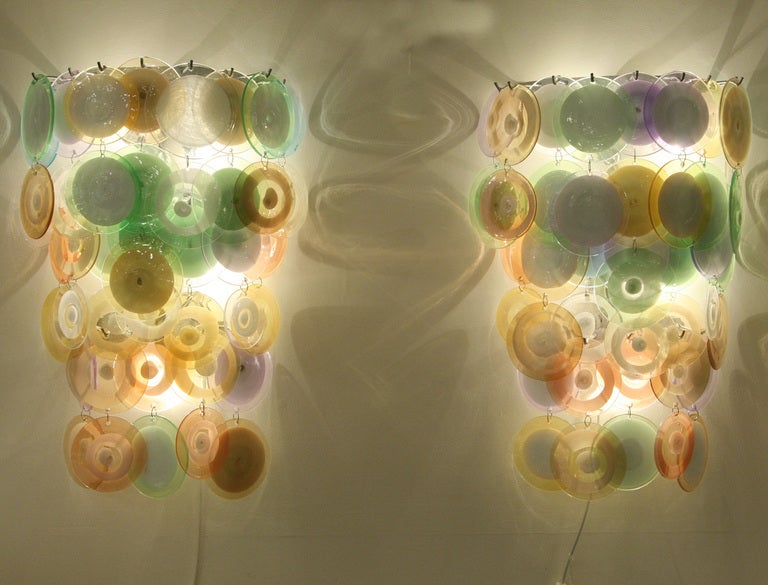A pair of large Vistosi multi color discs wall lights In Good Condition In London, GB
