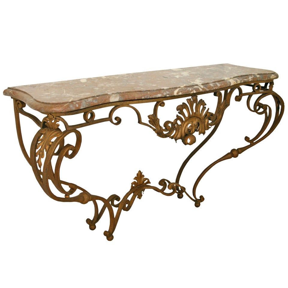 A Beautiful Gilt Wrought Iron Console Table For Sale