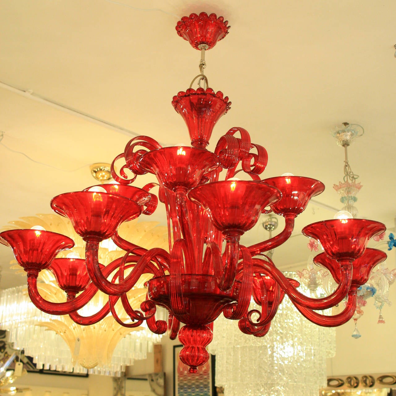 Mid-20th Century Campari Red Venetian Chandelier For Sale