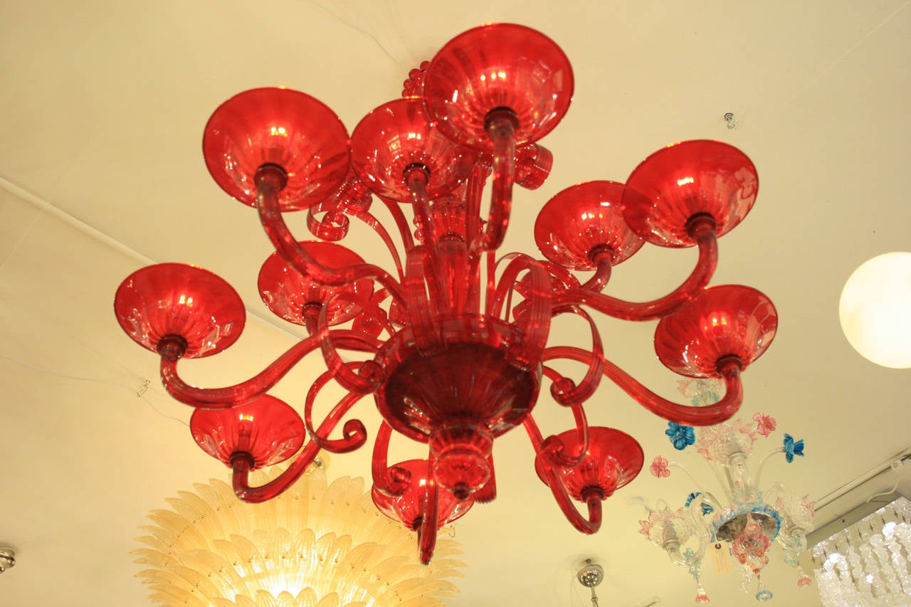 Twelve lighter handblown Campari red glass on metal structure. Made in Murano by Cenedese.