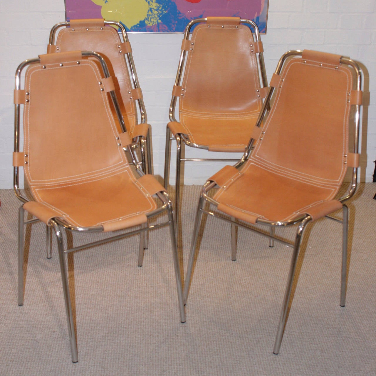 Brown leather upholstery on chrome structure, France, 1970s.