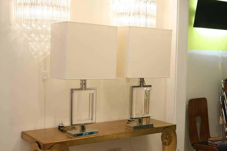 A pair of 1970s table lamps, chrome and Perspex structure with brass details white silk shades by Banci Made in Italy.