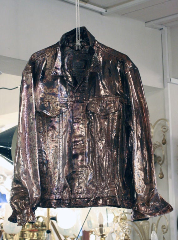 A pop art sculpture.Original 50's Levi's denim jacket stiffened  in silvery bronze ceramic.