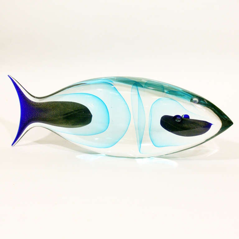 A unique Murano glass fish sculpture, deep blue, aqua blue, clear and gold submerged blown glass  by Romano Dona signed.