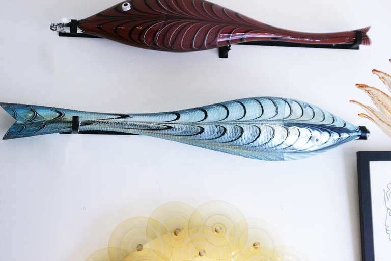 Italian Pair of Wall-Mounted, Large Murano Glass Fish Sculptures For Sale