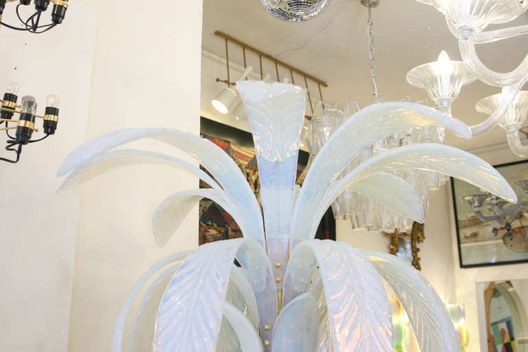 Murano glass palm floor light, hand blown glass opaline and iridescent  components on brass structure. Made in Italy.