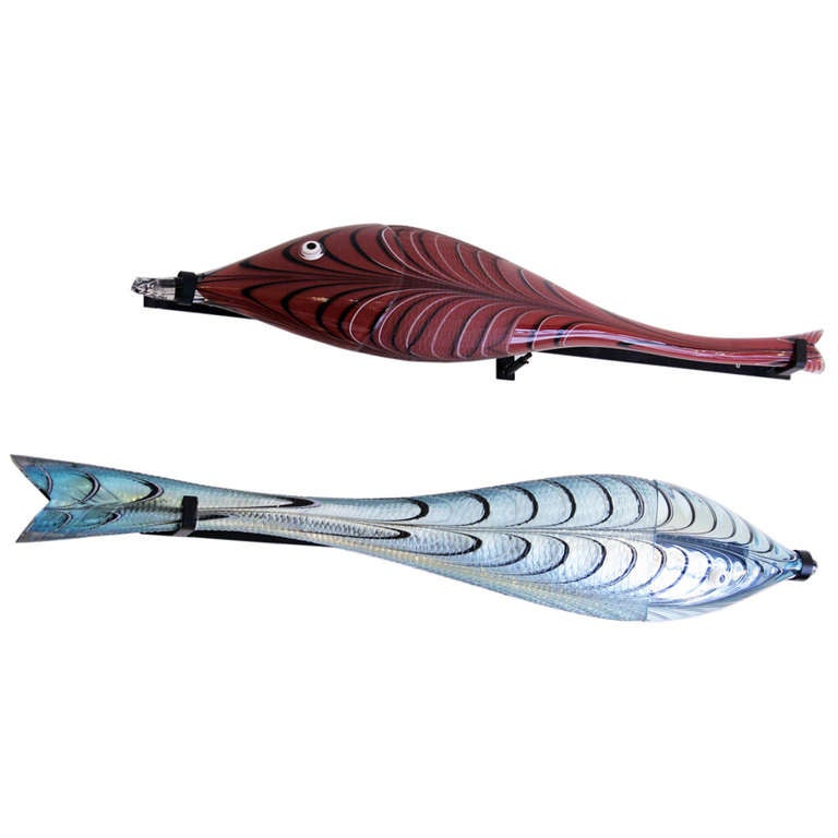 Pair of Wall-Mounted, Large Murano Glass Fish Sculptures For Sale