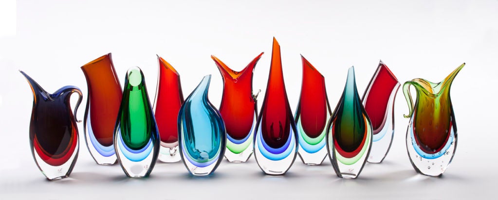 A unique hand blown multicolor Murano 'Sommerso' Art Glass Vase by S. Signoretto. Made in Italy