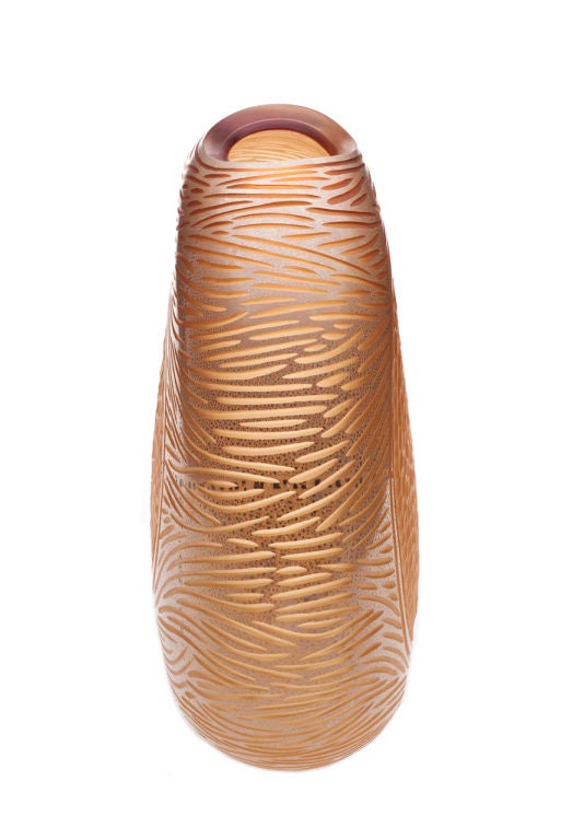 A unique hand blown glass vase,light amber colour glass, battuto technique gold inclusions. Italian design by Ferro.Murano