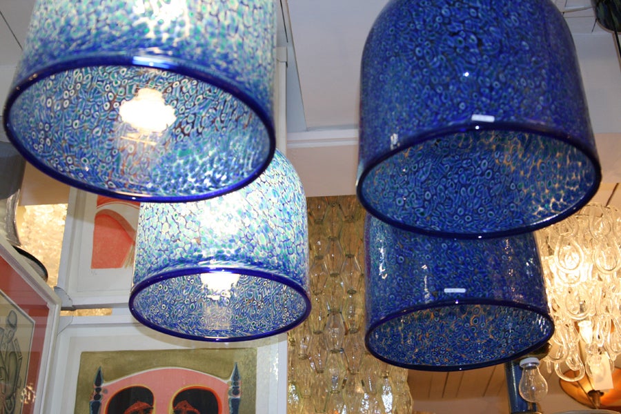 A set of four suspension lights, blown Murrina technique designed by Gae Aulenti for Vistosi, Italy, circa 1960-1970.

Signed.