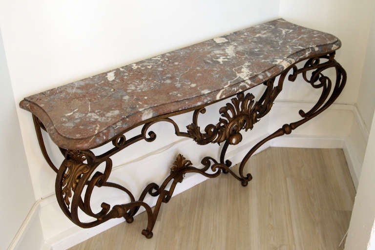 French A Beautiful Gilt Wrought Iron Console Table For Sale