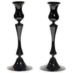 Vintage A Pair of Murano Blown Black Glass Candlestick Holders