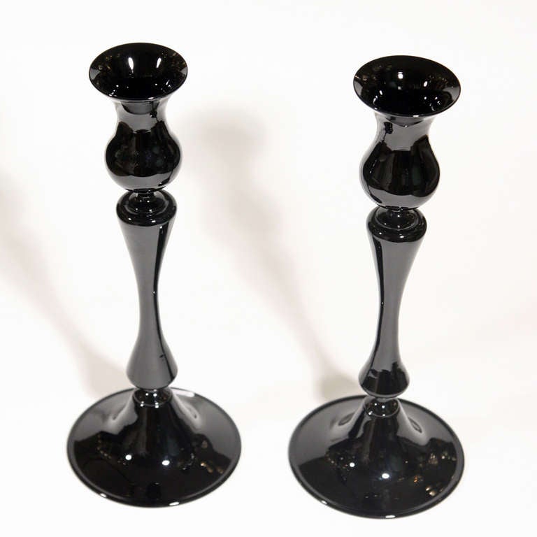 A Pair of Murano Blown Black Glass Candlestick Holders