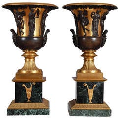 Pair of Vases Ornamented with Bacchantes, Figures and Themes from Antiquity