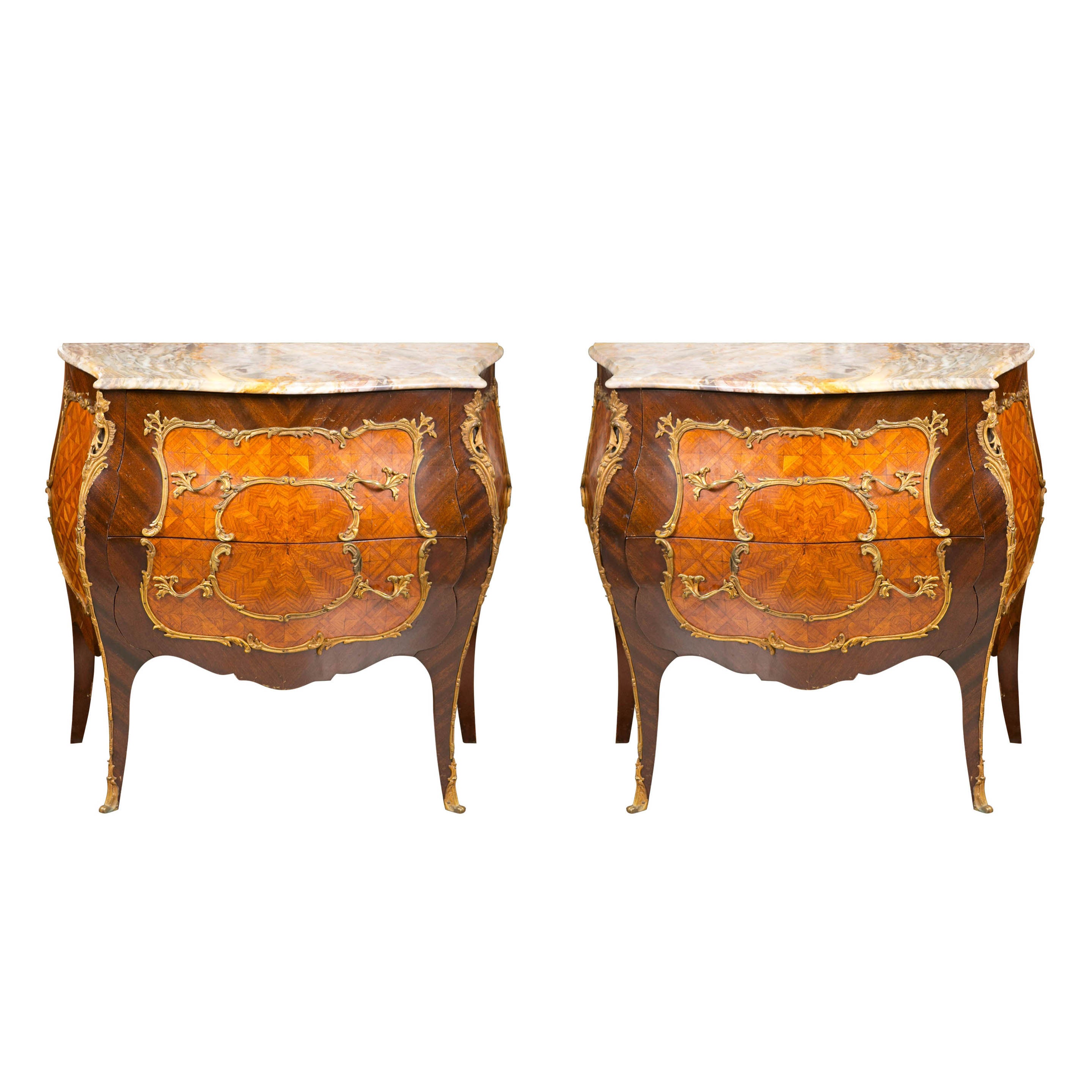 A Pair of French Bombe Marble Top Commodes / Nightstands